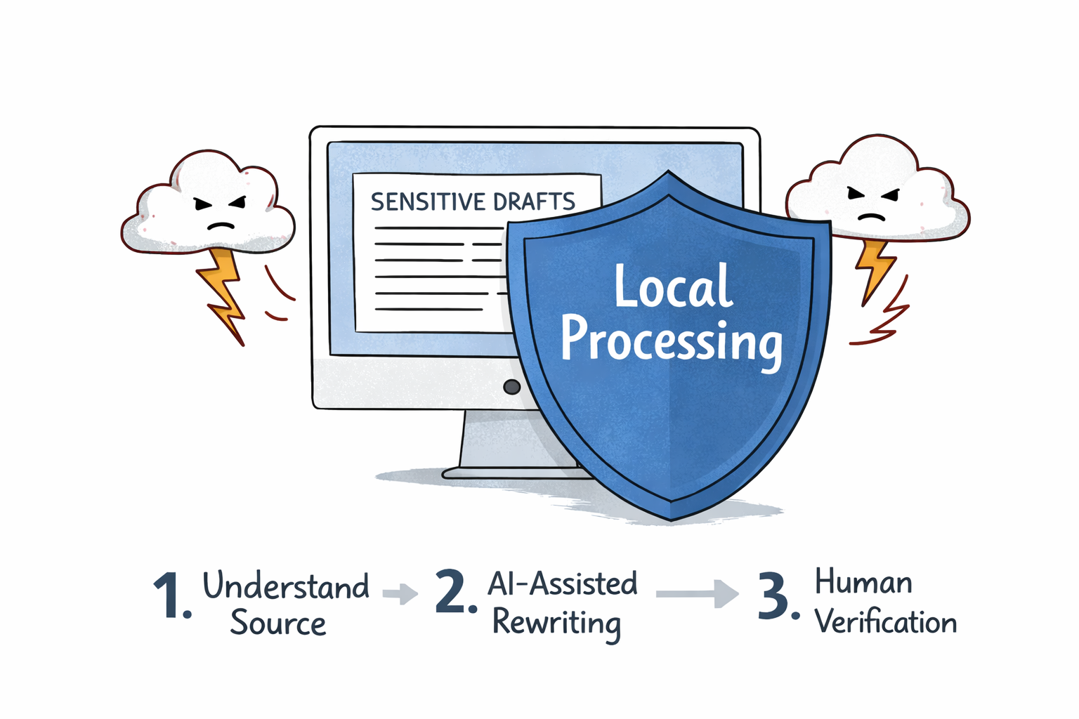 Three-step linear process diagram showing Understand Source AI-Assisted Rewriting Rephrazo icon Human Verification Citation